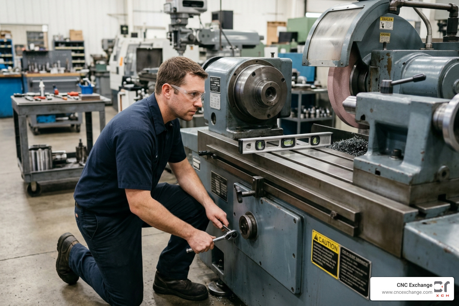 Technician leveling a CNC grinder using a master precision level Technician leveling a CNC grinder using a master precision level