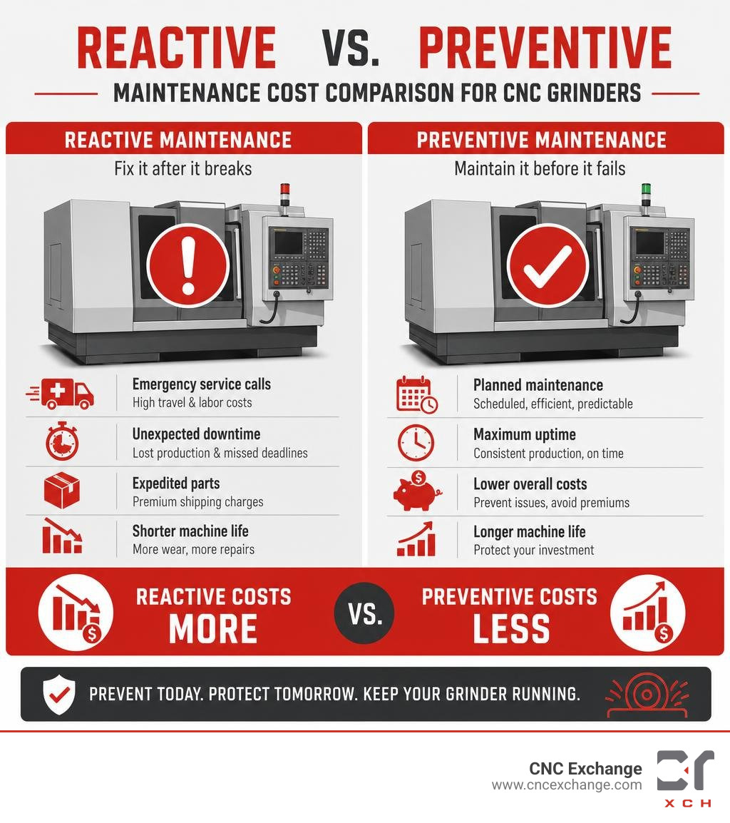 Reactive vs preventive maintenance cost comparison for CNC grinders infographic Reactive vs preventive maintenance cost comparison for CNC grinders infographic