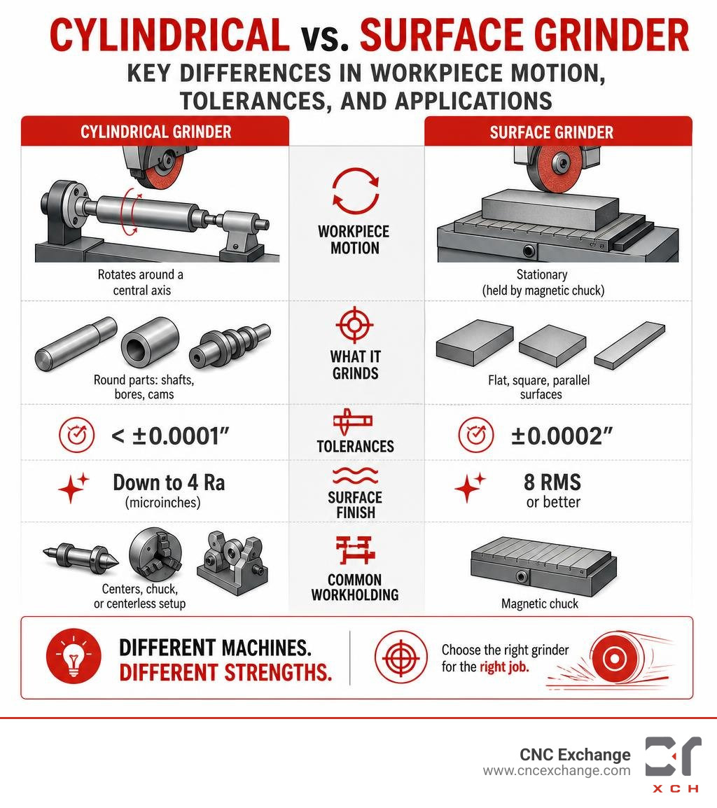 Cylindrical vs surface grinder: key differences in workpiece motion, tolerances, and applications infographic Cylindrical vs surface grinder: key differences in workpiece motion, tolerances, and applications infographic