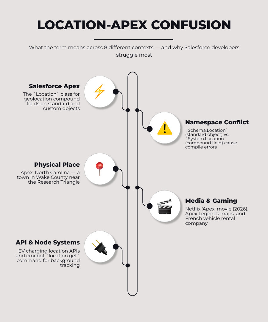 Infographic showing Salesforce Schema.Location vs System.Location namespace conflict overview infographic Infographic showing Salesforce Schema.Location vs System.Location namespace conflict overview infographic