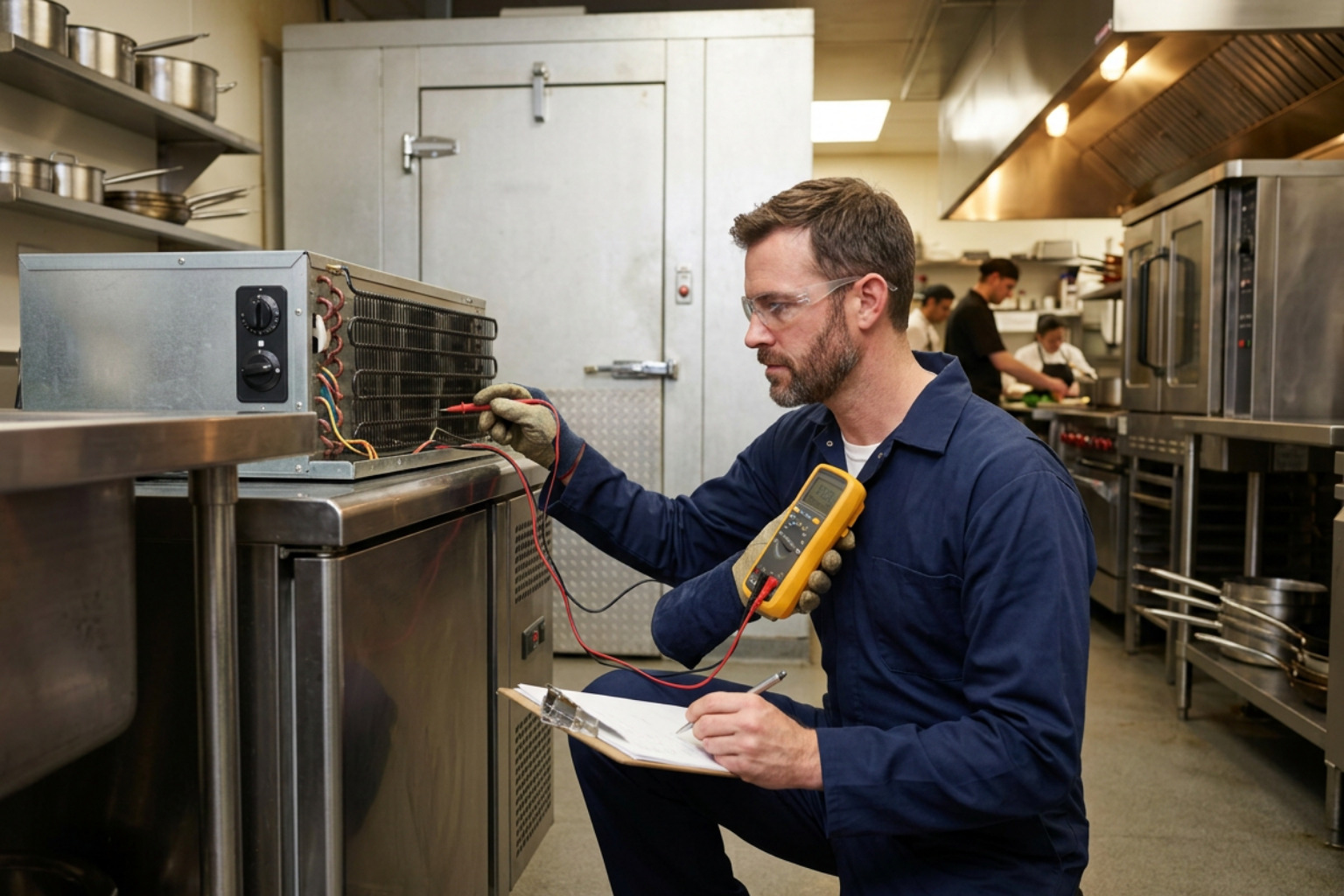 certified technician checking commercial refrigeration unit