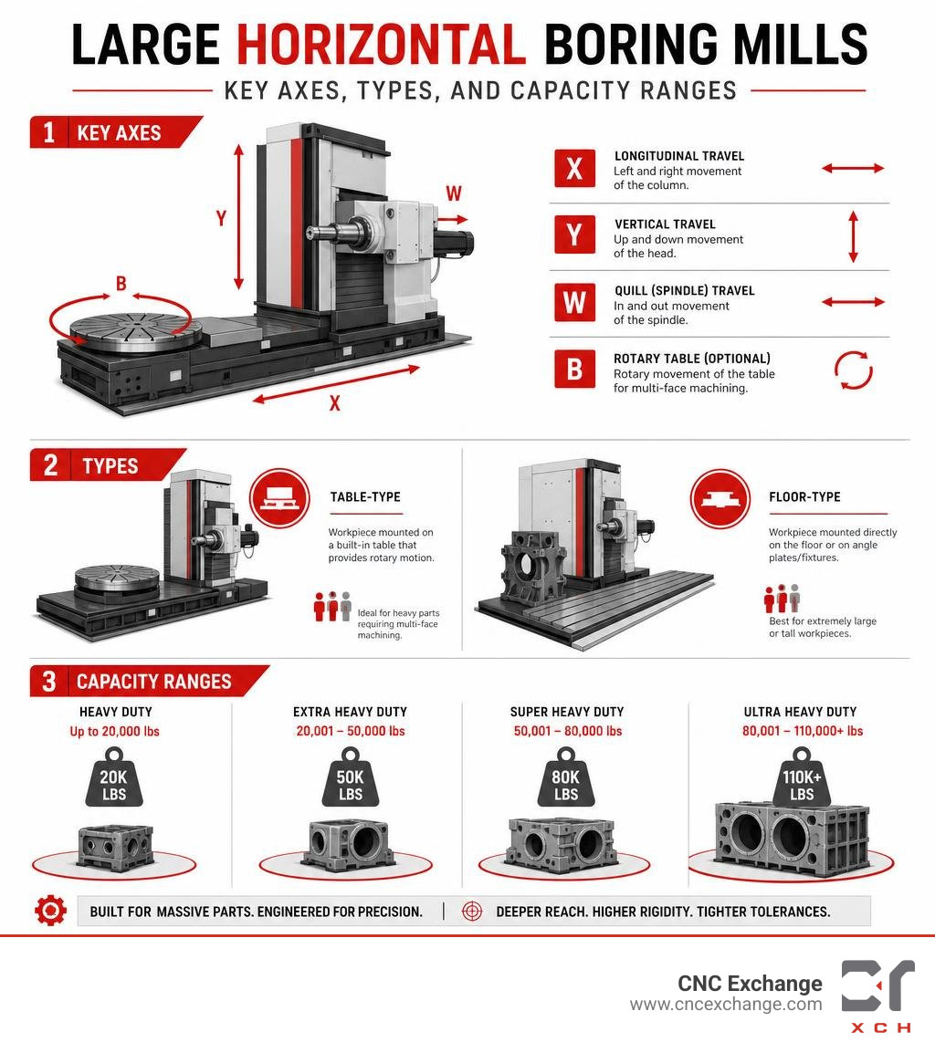 Key axes, types, and capacity ranges of large horizontal boring mills infographic