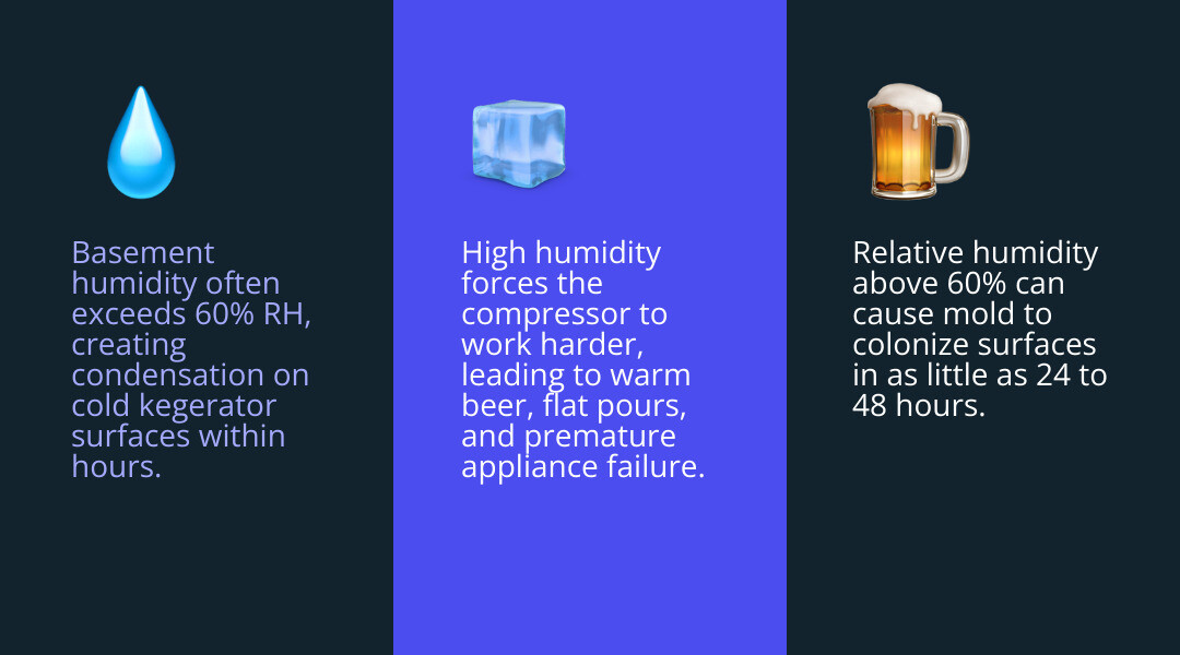 Infographic showing how basement humidity causes kegerator condensation, mold, and performance issues infographic