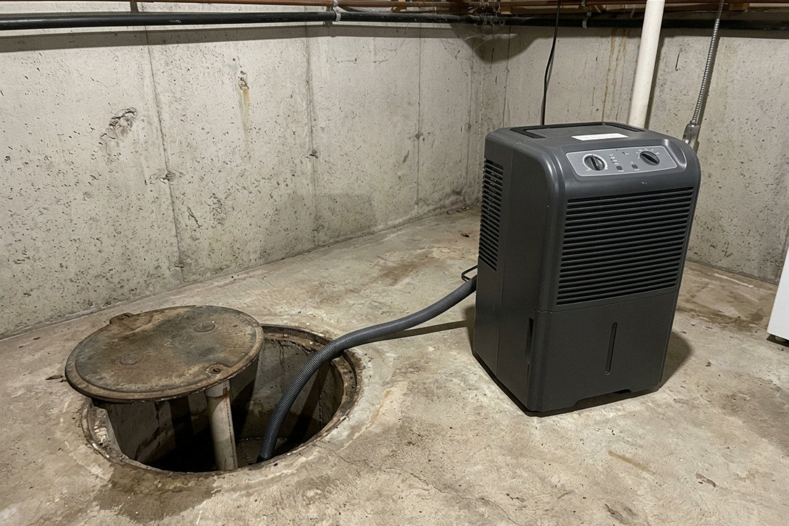 Basement dehumidifier draining directly into a sump pump basin
