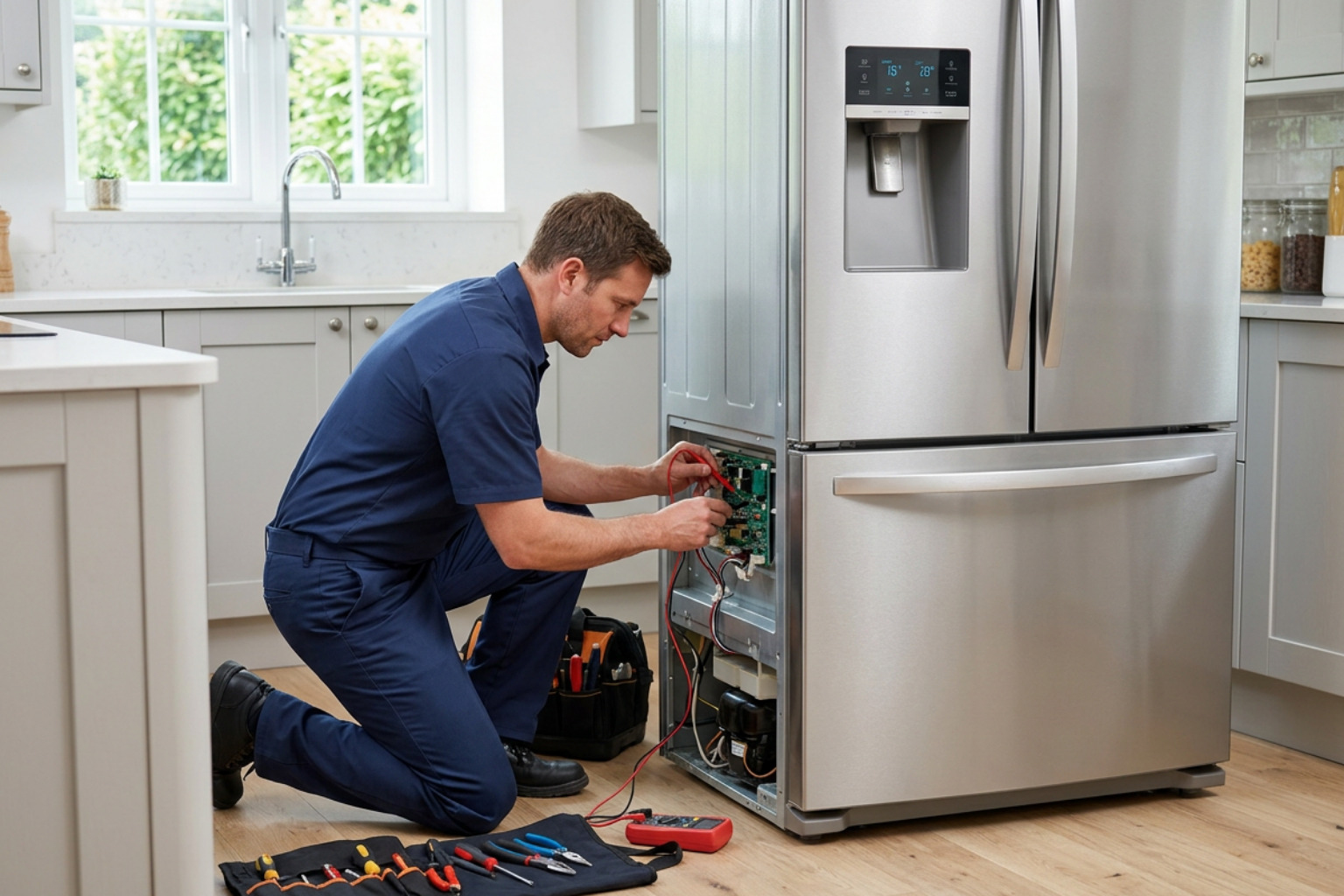 Technician diagnosing a Samsung refrigerator control board in Chapel Hill NC Technician diagnosing a Samsung refrigerator control board in Chapel Hill NC