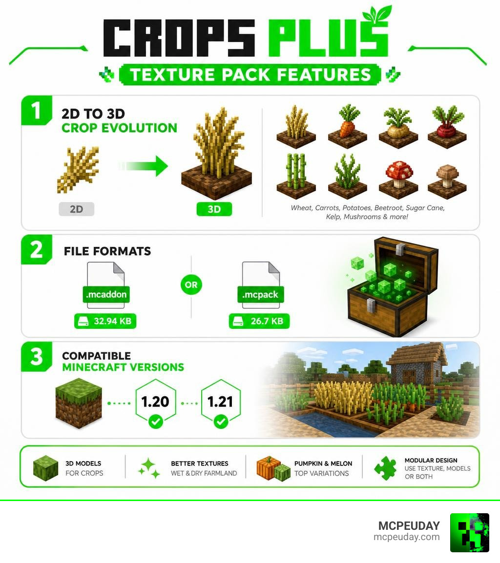Crops Plus Texture Pack features: 2D to 3D crop evolution, file formats, and compatible Minecraft versions infographic Crops Plus Texture Pack features: 2D to 3D crop evolution, file formats, and compatible Minecraft versions infographic