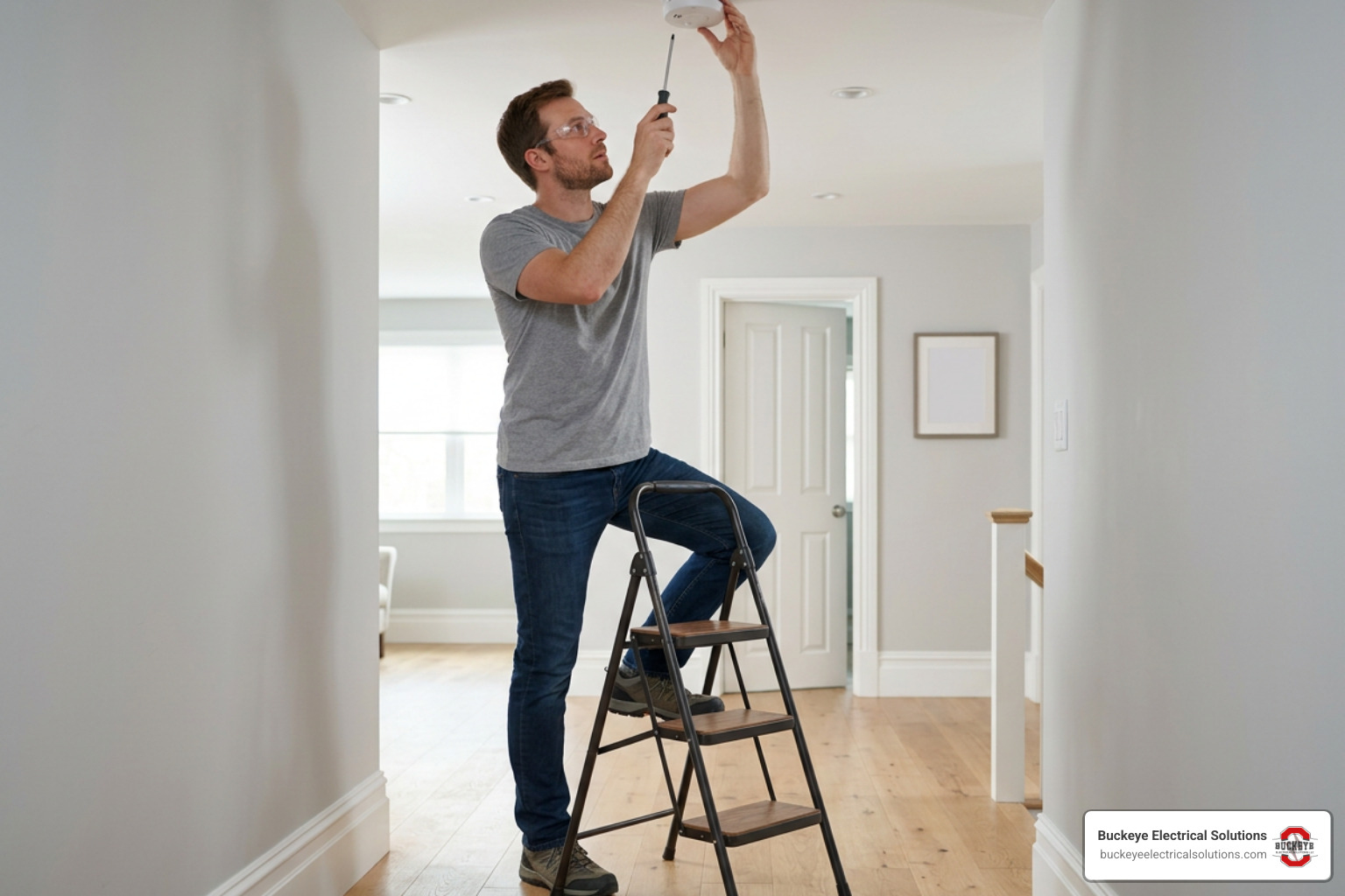 homeowner holding a screwdriver looking up at a smoke alarm on a ceiling