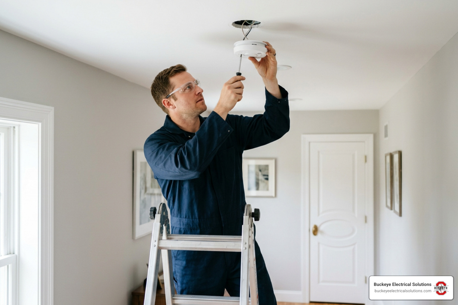 professional electrician installing a hardwired smoke alarm on a clean ceiling
