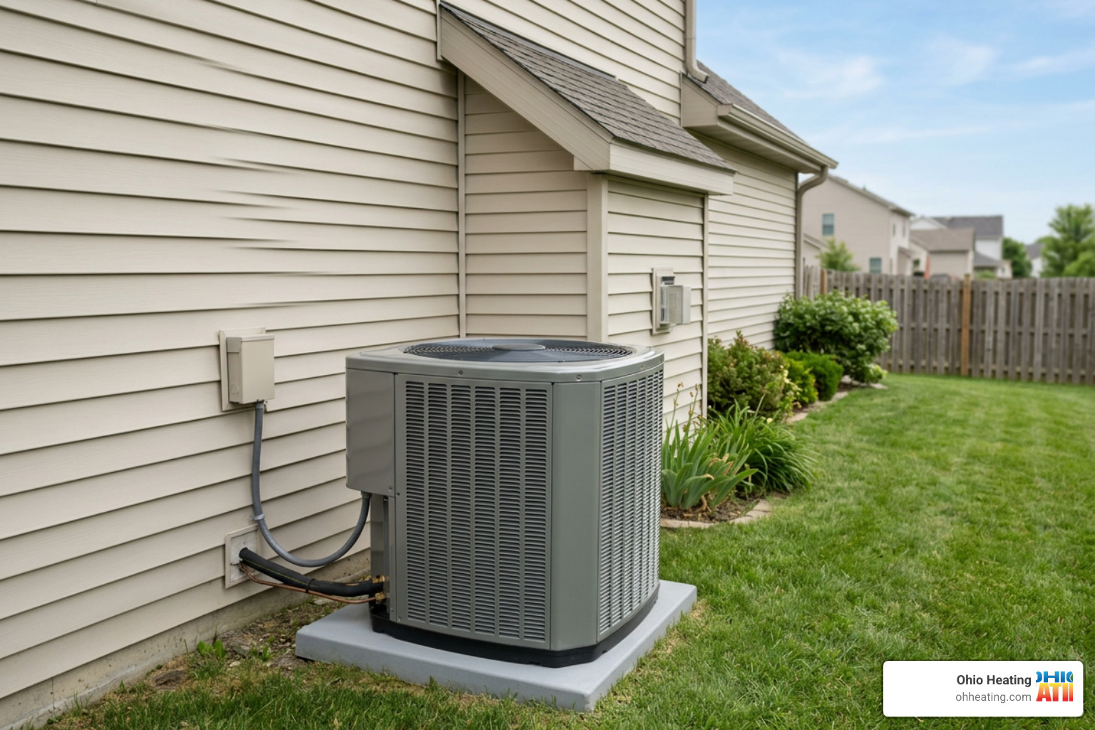 A clean, modern outdoor condenser unit placed on a level concrete pad next to a home A clean, modern outdoor condenser unit placed on a level concrete pad next to a home