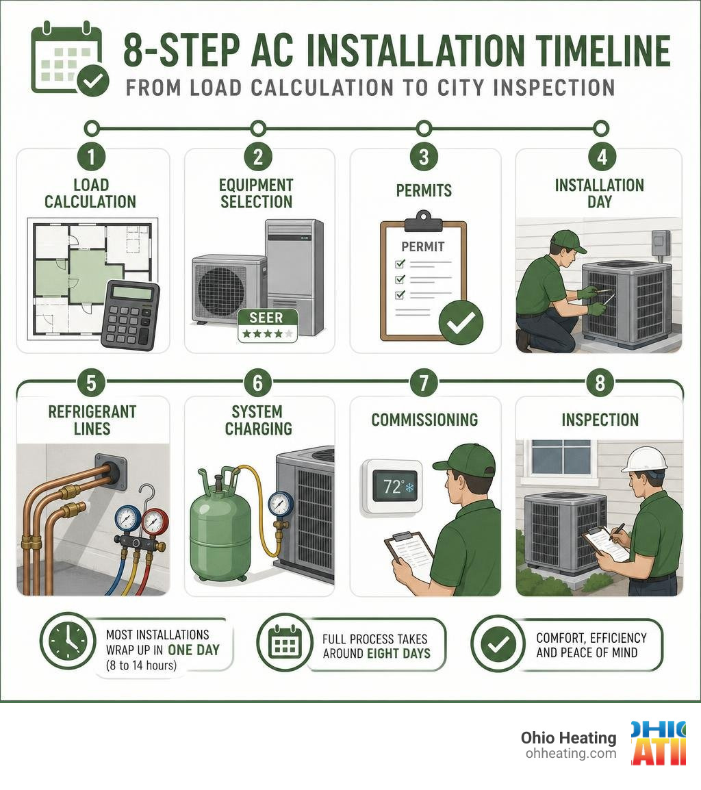 8-step AC installation timeline from load calculation to city inspection infographic 8-step AC installation timeline from load calculation to city inspection infographic