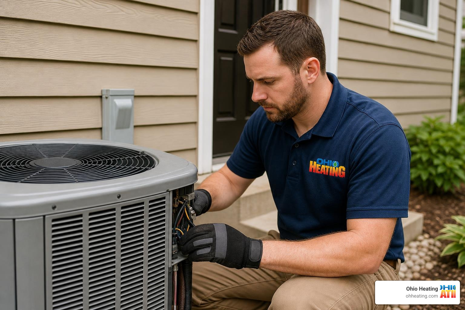 Realistic, high-quality photo of a professional HVAC technician wearing work gloves and a shirt with the 'Ohio Heating' logo Realistic, high-quality photo of a professional HVAC technician wearing work gloves and a shirt with the 'Ohio Heating' logo