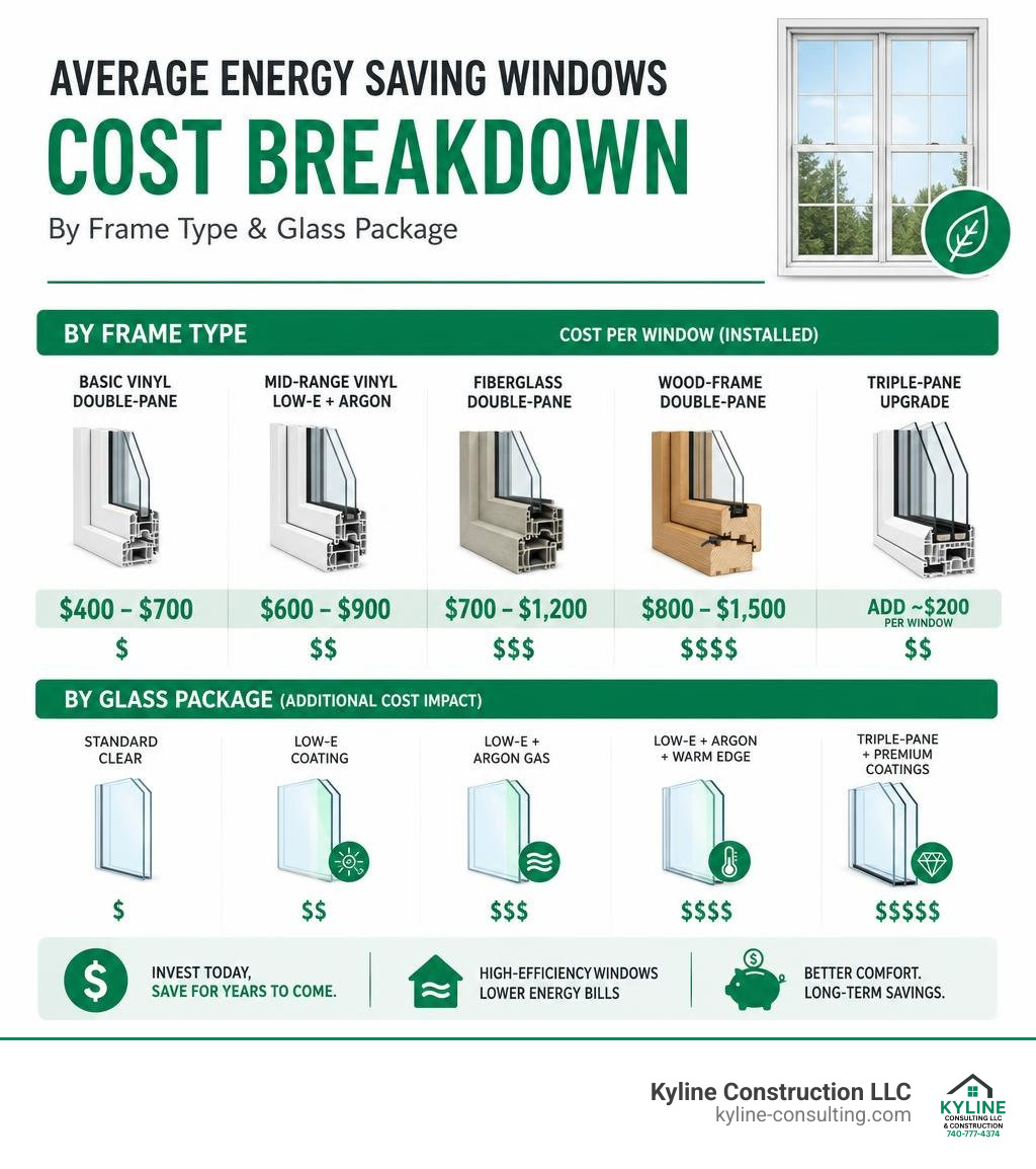 infographic showing average energy saving windows cost breakdown by frame type and glass package infographic
