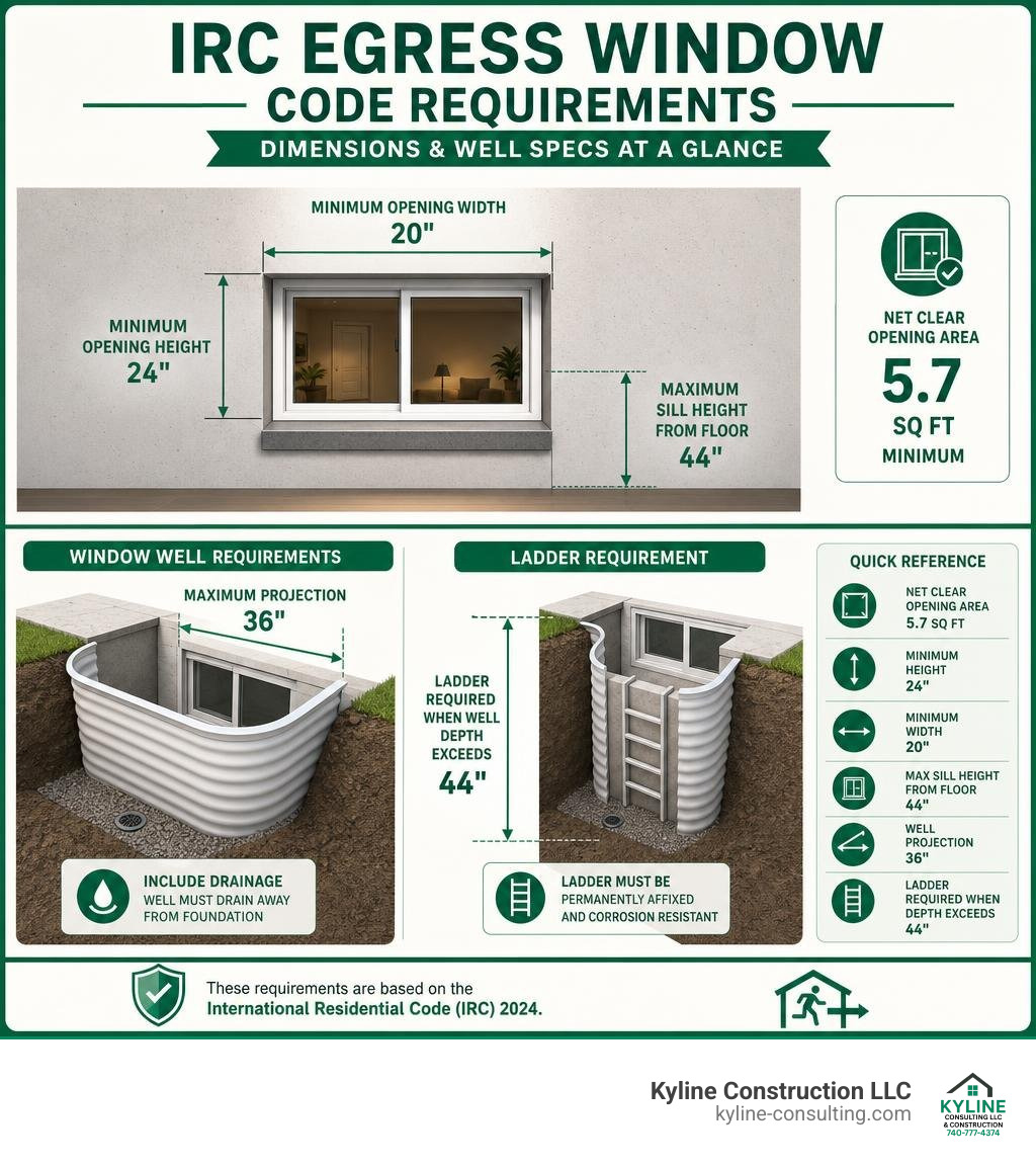 IRC egress window code requirements infographic with dimensions and well specs infographic