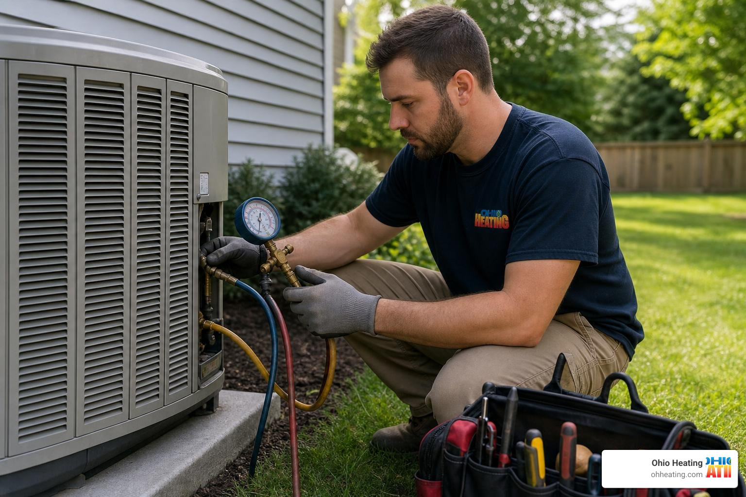 Realistic, high-quality photo of a professional AC technician wearing work gloves and a shirt with the 'Ohio Heating' logo Realistic, high-quality photo of a professional AC technician wearing work gloves and a shirt with the 'Ohio Heating' logo