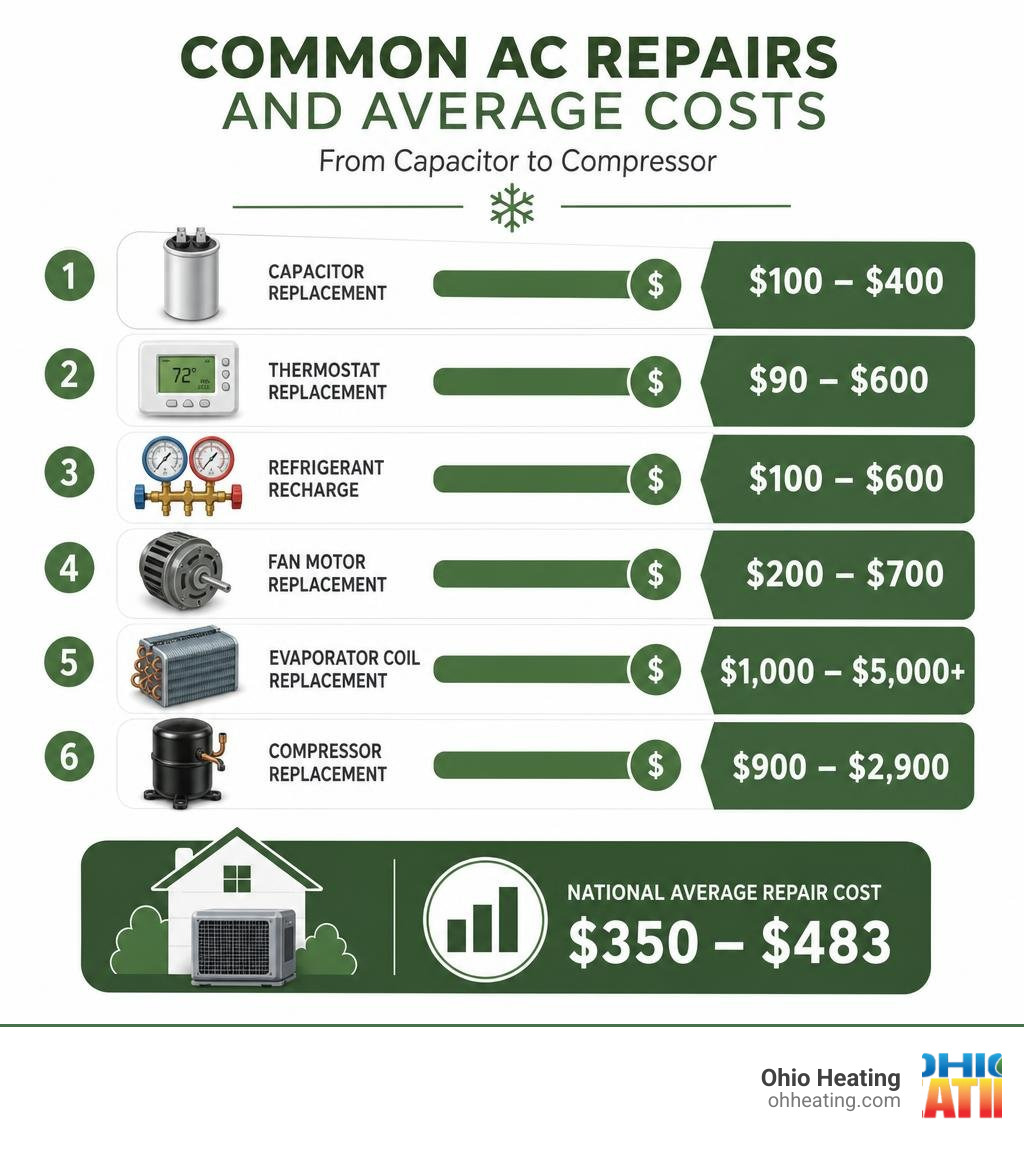 Infographic showing common AC repair types and their average costs from capacitor to compressor infographic Infographic showing common AC repair types and their average costs from capacitor to compressor infographic