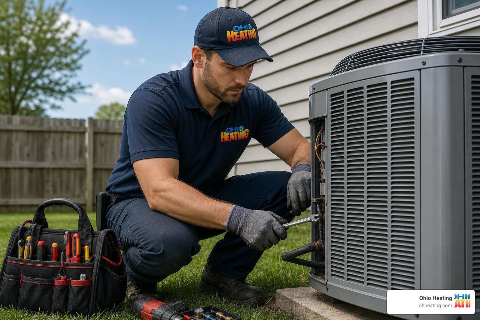 Realistic, high-quality photo of a professional HVAC technician wearing work gloves and a shirt with the 'Ohio Heating'