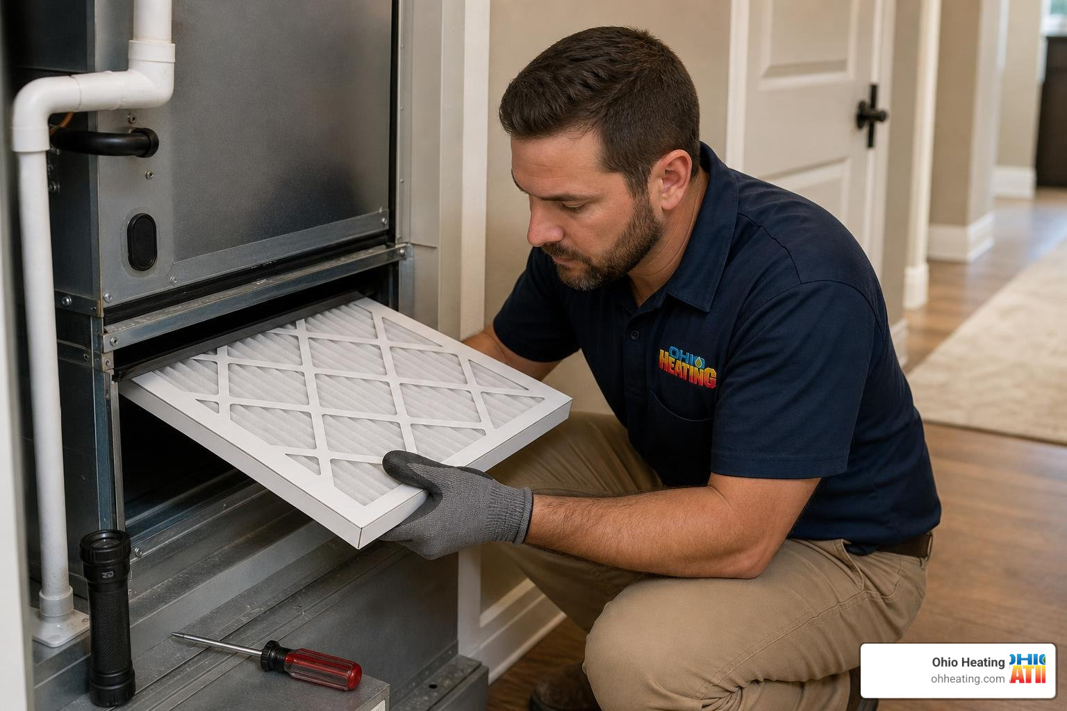 Realistic, high-quality photo of an Ohio Heating technician replacing a clean air filter in an indoor AC system
