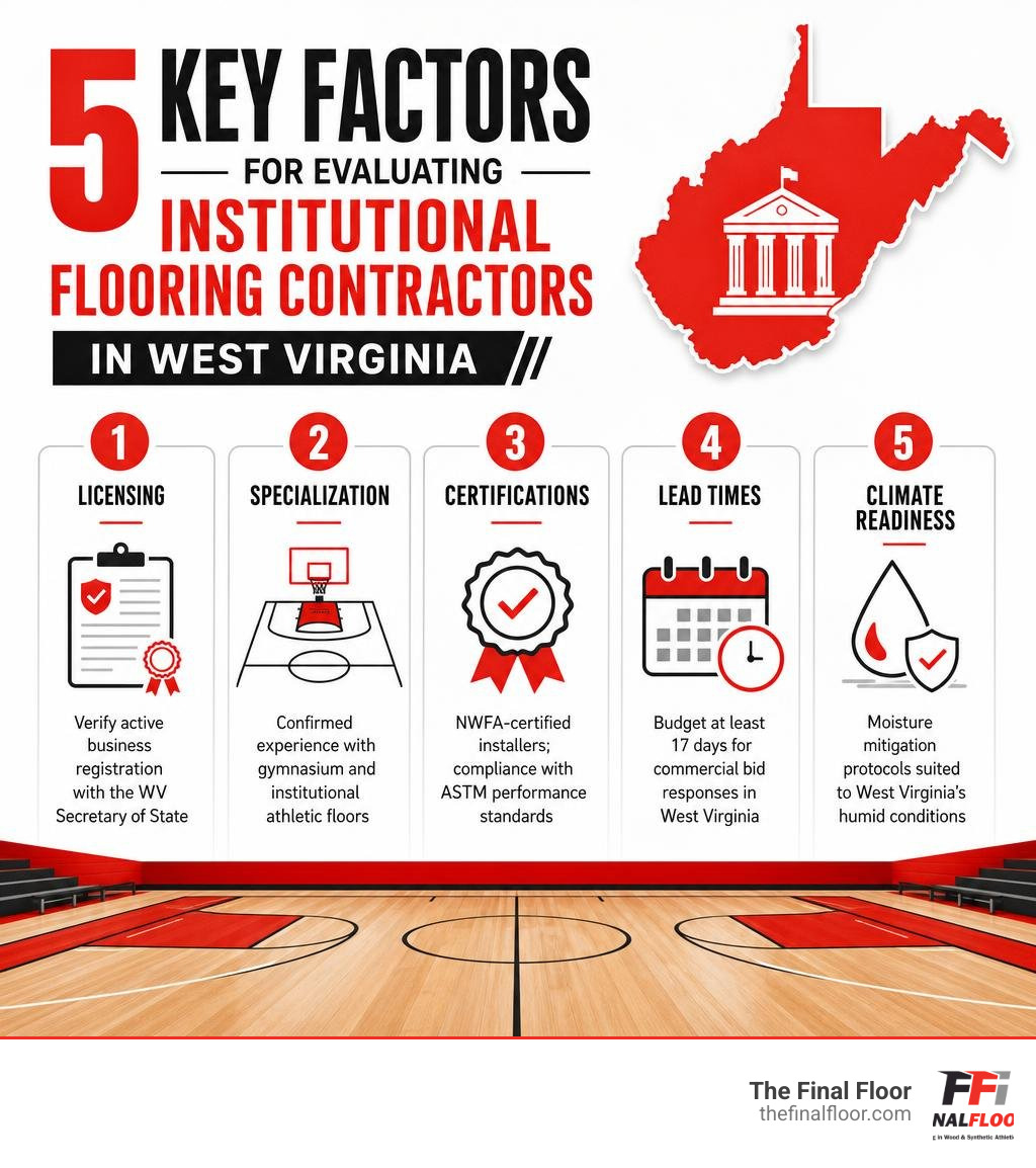 5 key factors for evaluating institutional flooring contractors in West Virginia infographic 5 key factors for evaluating institutional flooring contractors in West Virginia infographic