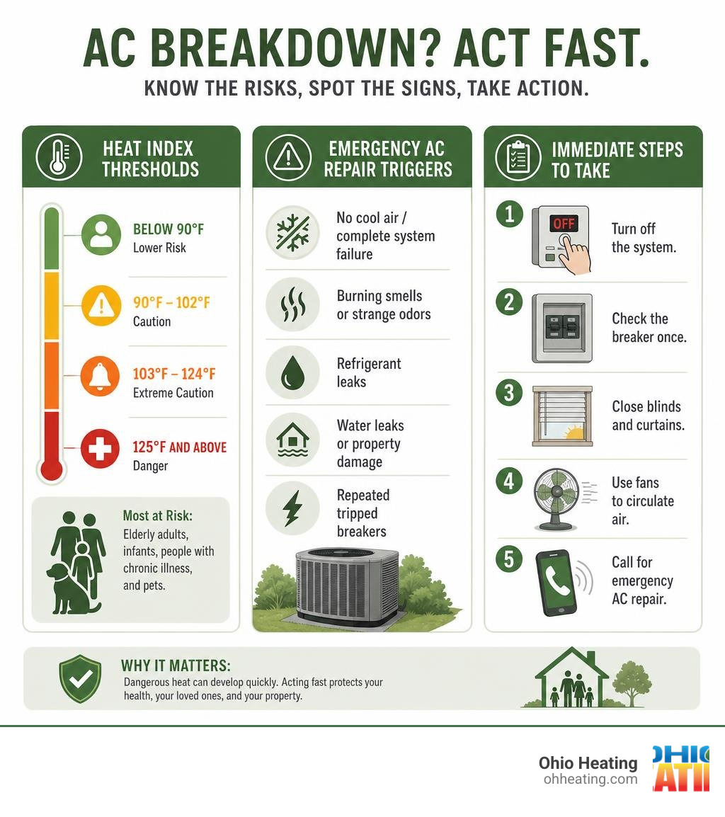 infographic showing heat index thresholds, emergency AC repair triggers, and immediate steps to take infographic