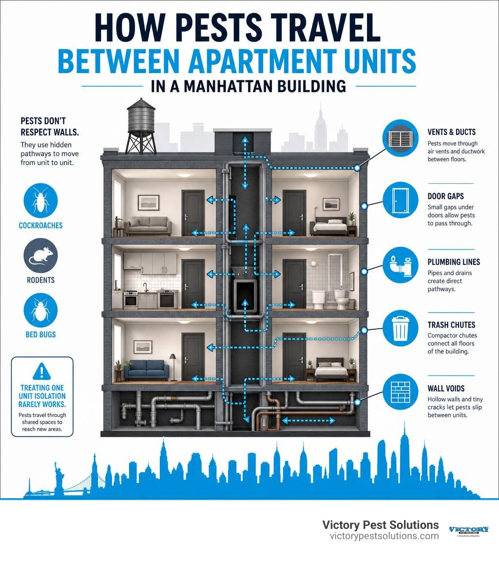 How pests travel between apartment units in a Manhattan building infographic