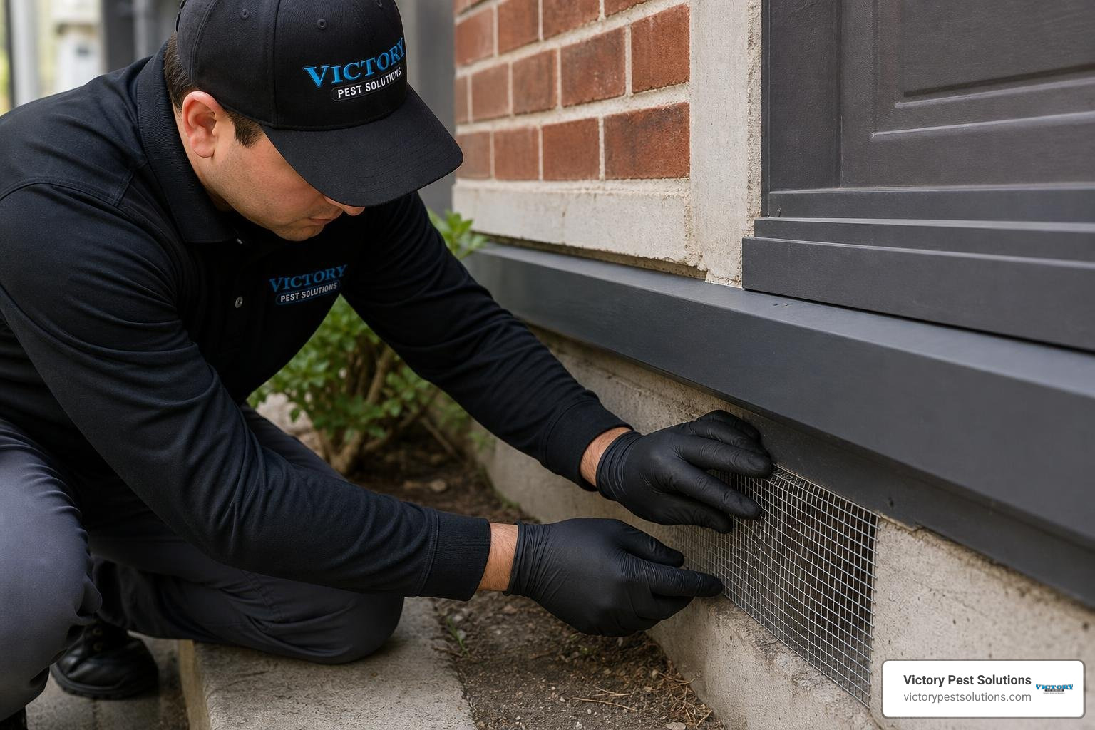 A pest control technician sealing a gap with metal mesh