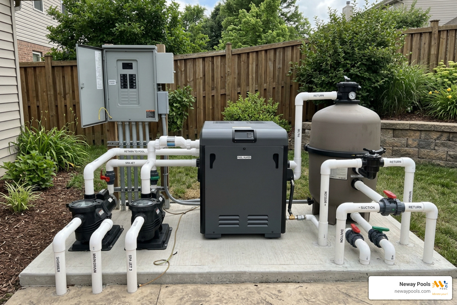 upgraded pool equipment pad featuring high capacity gas heater and dedicated jet pumps