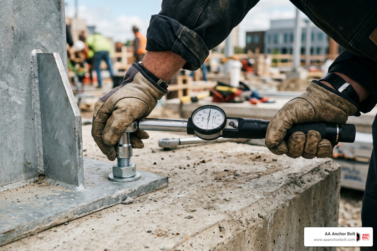 Tightening a galvanized wedge anchor with a calibrated torque wrench Tightening a galvanized wedge anchor with a calibrated torque wrench