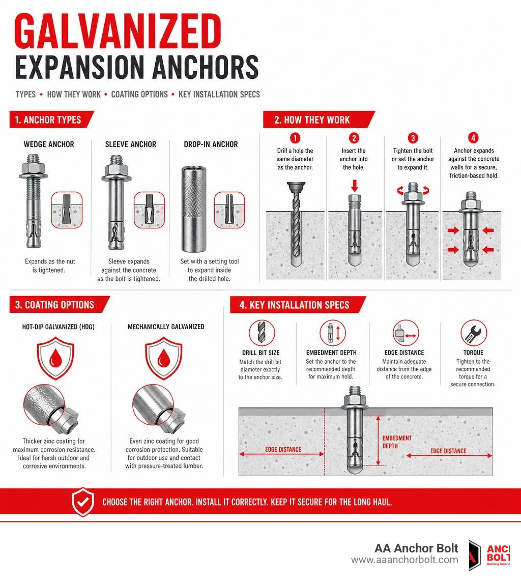 Infographic showing galvanized expansion anchor types, how they work, coating options, and key installation specs infographic Infographic showing galvanized expansion anchor types, how they work, coating options, and key installation specs infographic