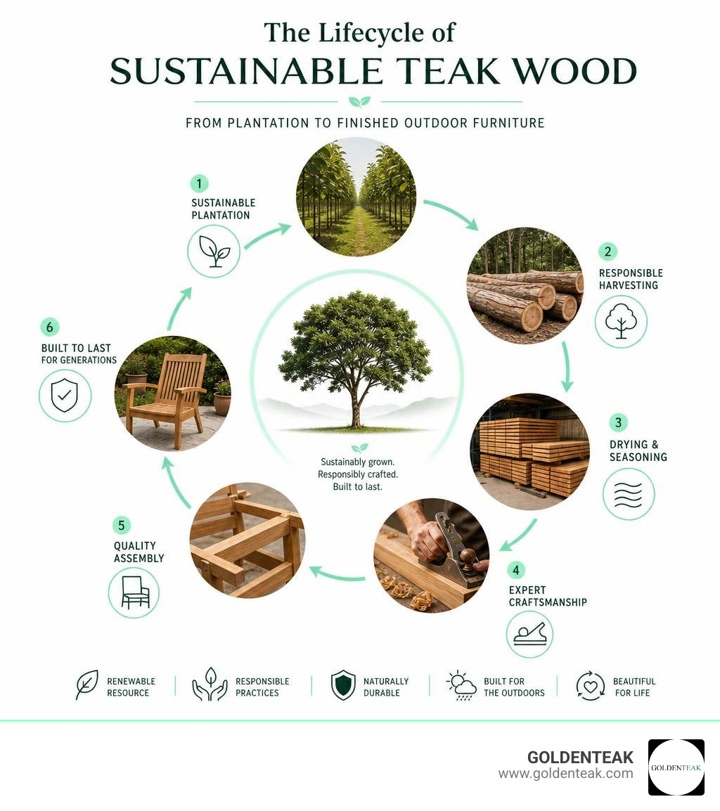 Lifecycle of sustainable teak wood from plantation to finished outdoor furniture infographic