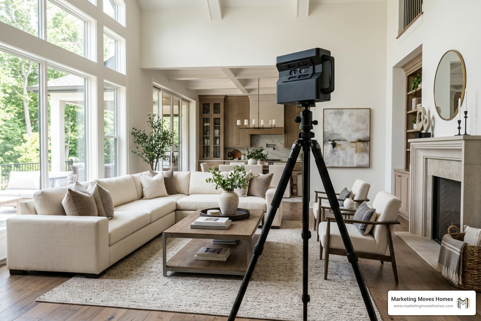 3D Matterport camera scanning a luxury living room