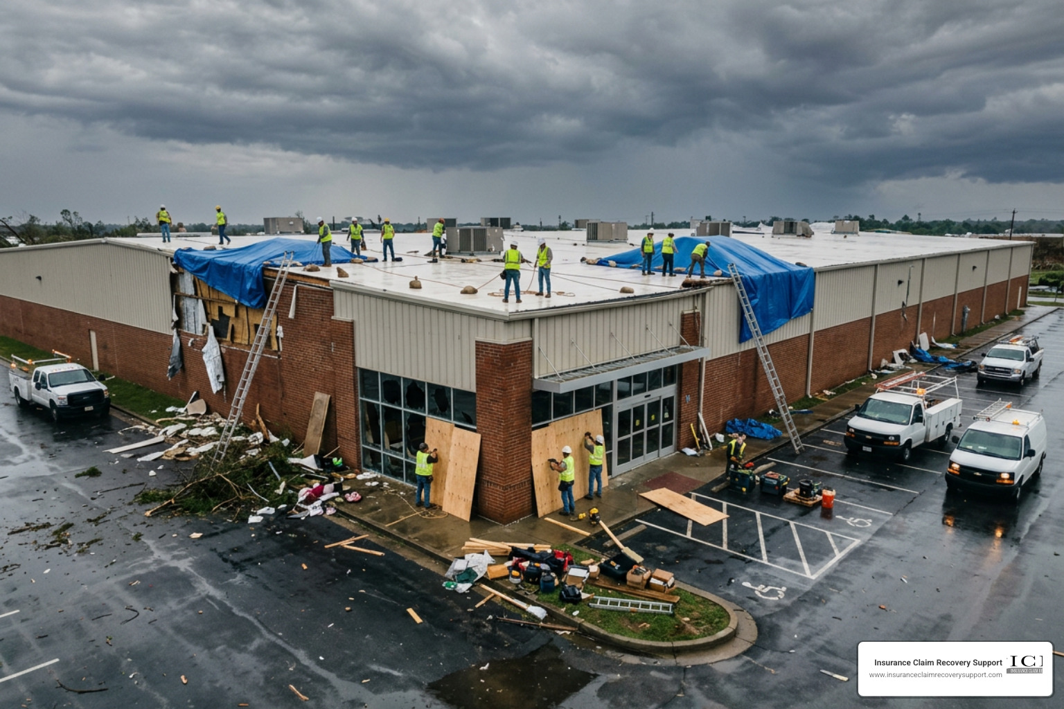 Emergency board-up and tarping services on commercial facility Emergency board-up and tarping services on commercial facility