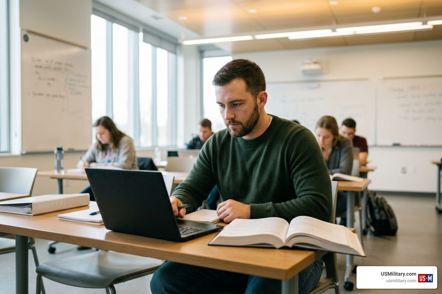 veteran in a classroom studying and utilizing VA disability education benefits