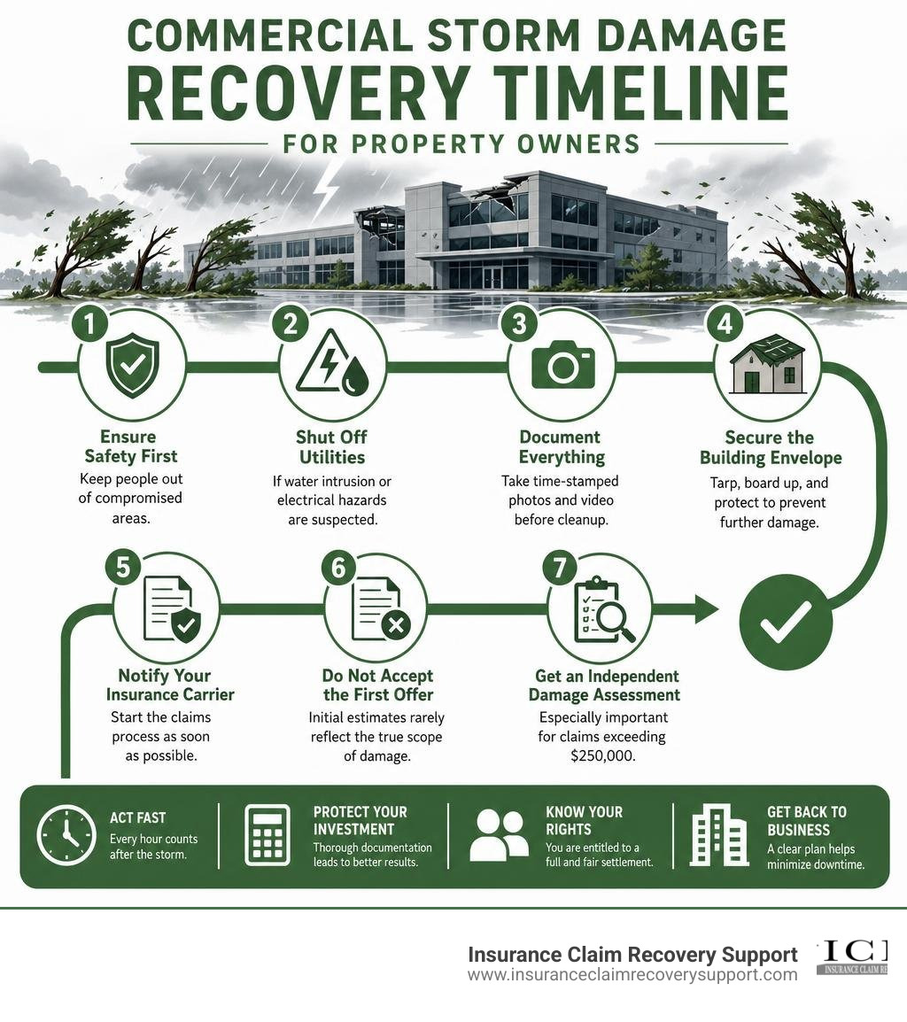 Commercial storm damage recovery timeline infographic for property owners infographic Commercial storm damage recovery timeline infographic for property owners infographic
