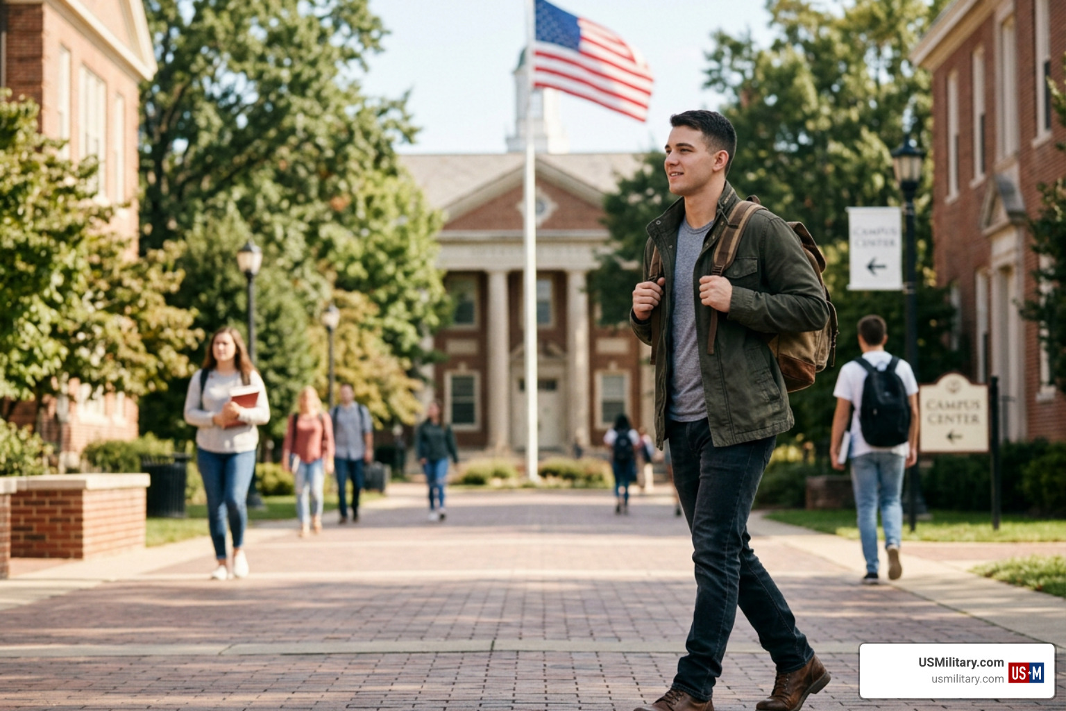 veteran student on college campus in military transition to higher education