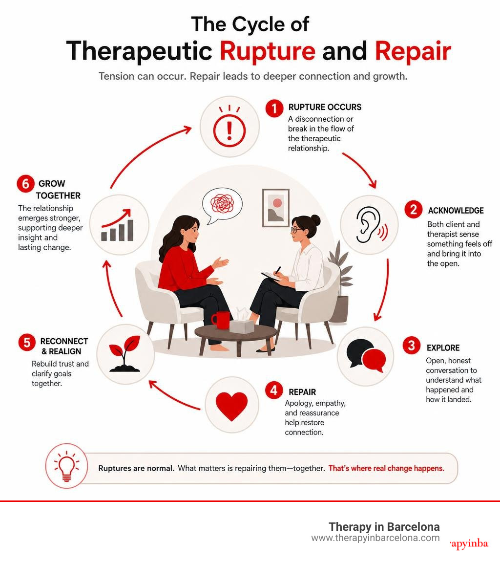 The cycle of therapeutic rupture and repair in client-therapist relationships infographic The cycle of therapeutic rupture and repair in client-therapist relationships infographic