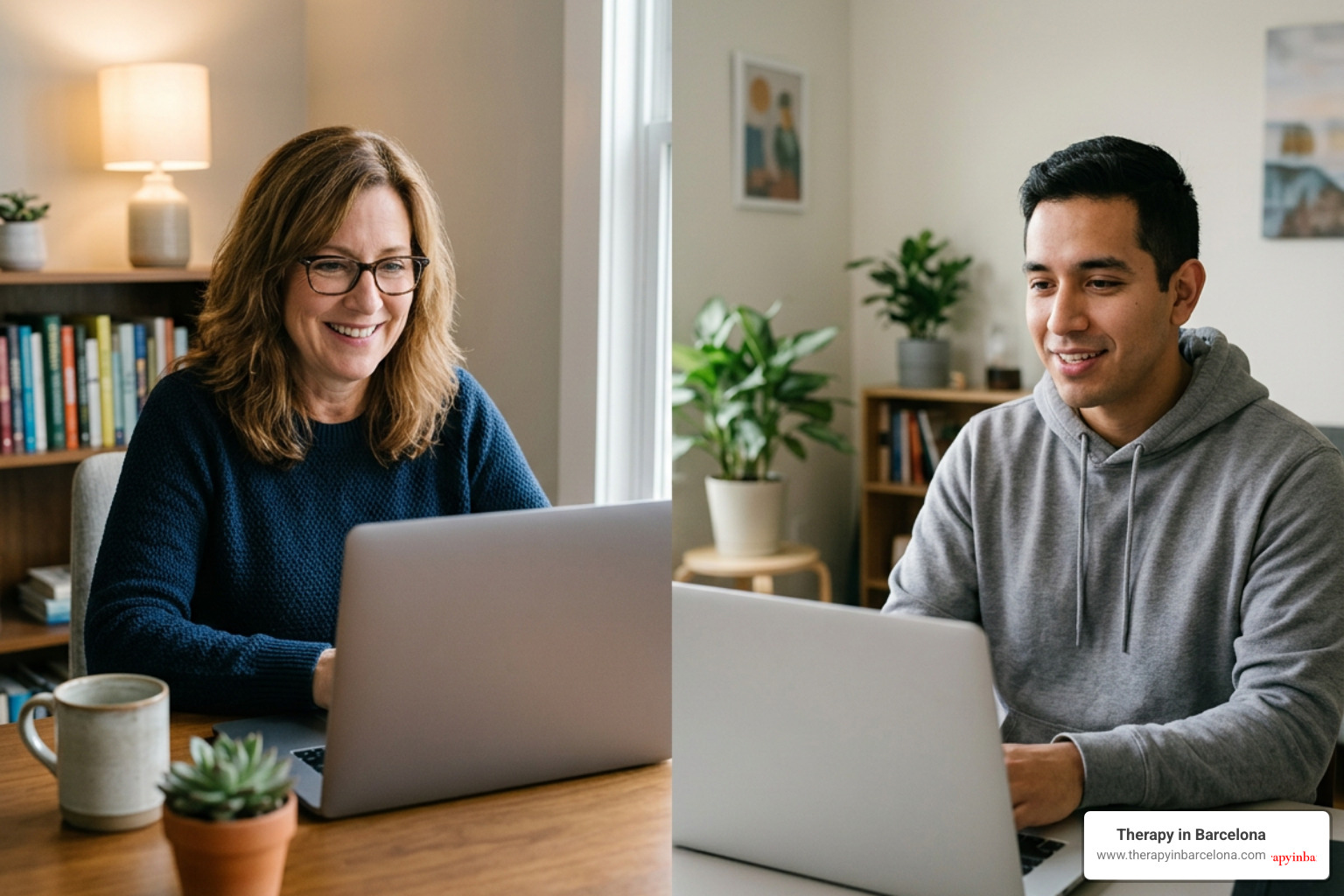 A therapist and client connecting during a warm, supportive online session
