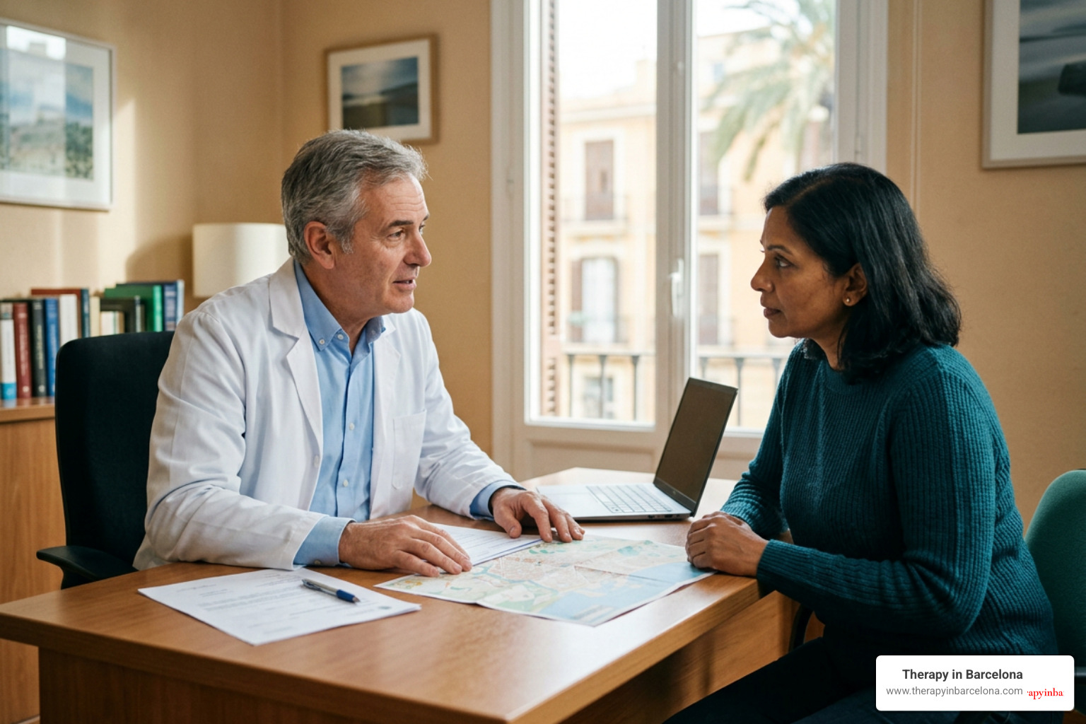 a doctor consulting an expat patient in Valencia, discussing local healthcare options a doctor consulting an expat patient in Valencia, discussing local healthcare options