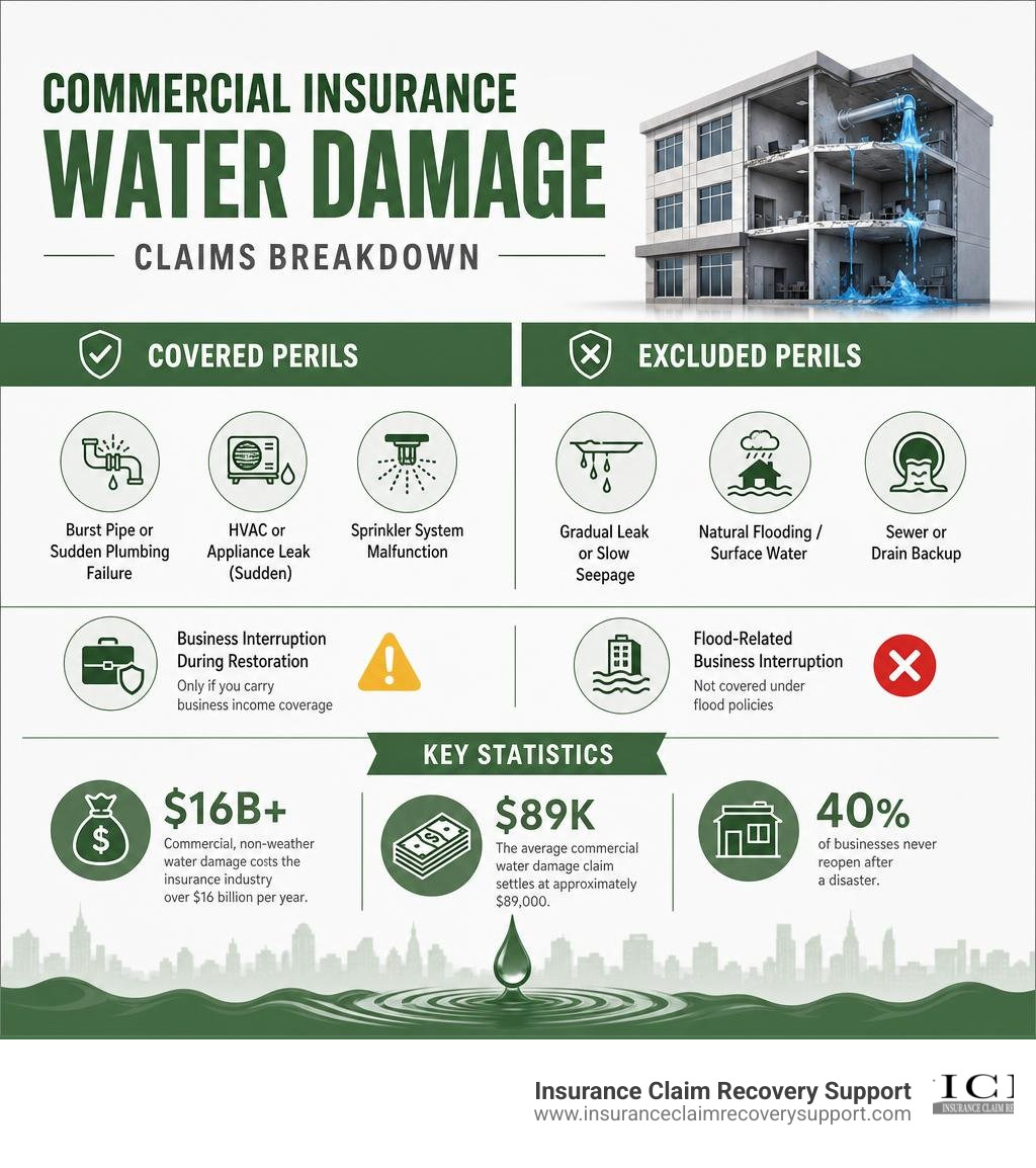 Commercial insurance water damage claims breakdown infographic with covered vs excluded perils and key statistics infographic Commercial insurance water damage claims breakdown infographic with covered vs excluded perils and key statistics infographic