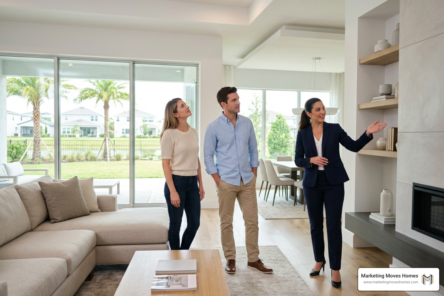 Realtor walking through a Lake Nona home with buyers Realtor walking through a Lake Nona home with buyers