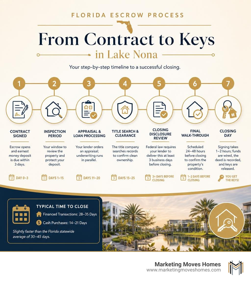 Florida escrow process timeline from contract to keys in Lake Nona infographic