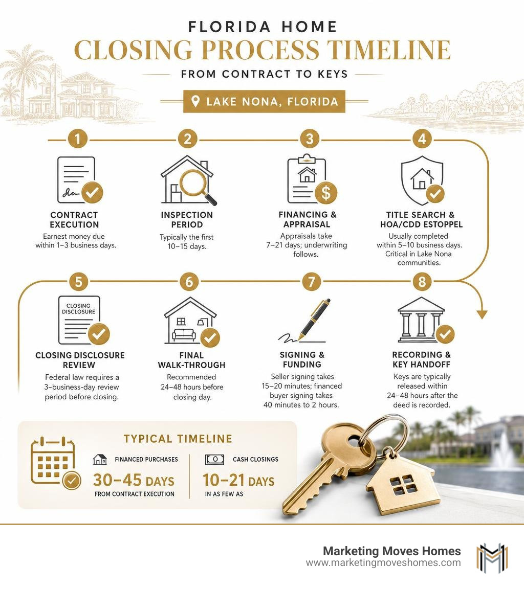 Florida home closing process timeline from contract to keys, Lake Nona infographic Florida home closing process timeline from contract to keys, Lake Nona infographic
