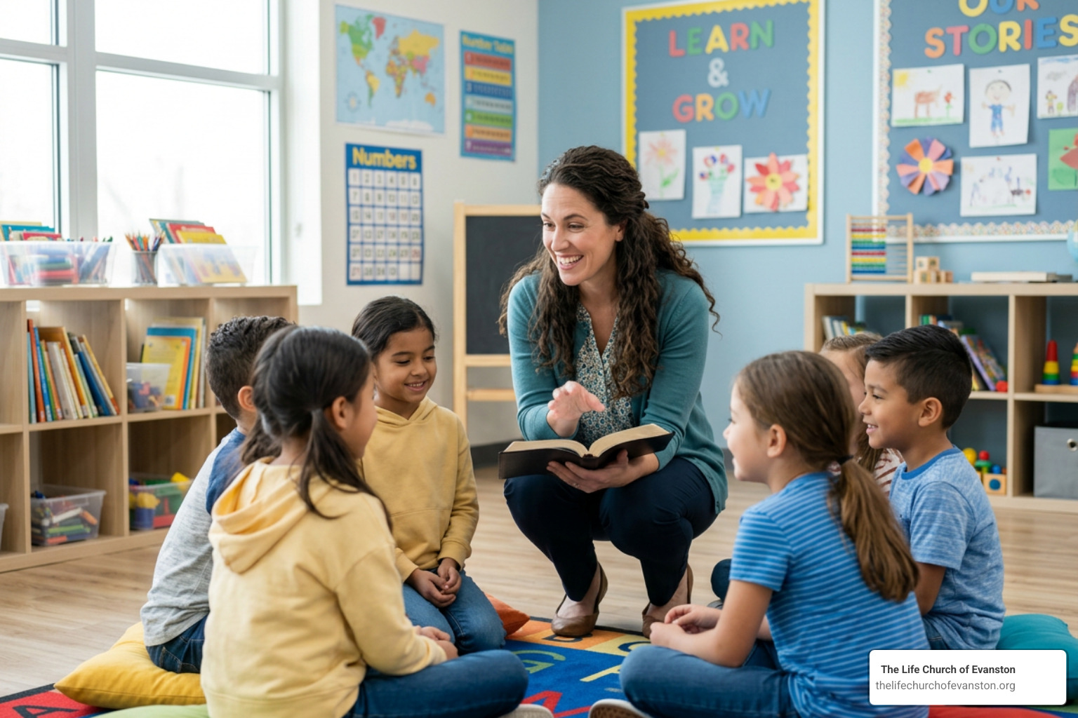A dedicated teacher shepherding young children in a modern classroom setting