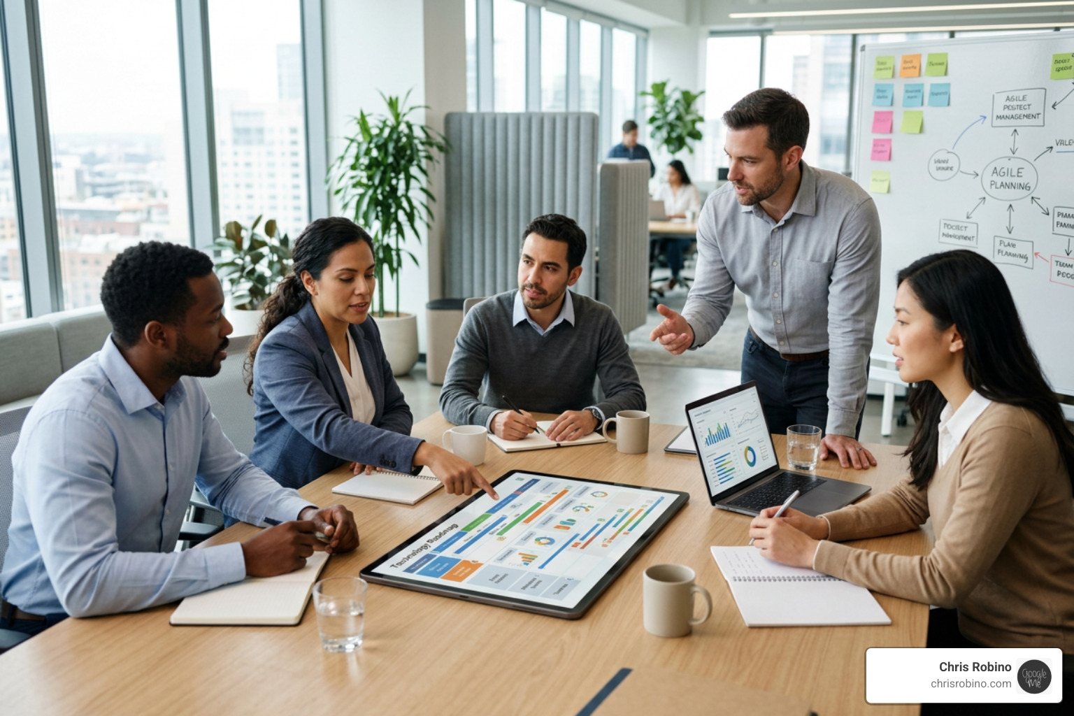 Agile consulting team collaborating on a technology roadmap