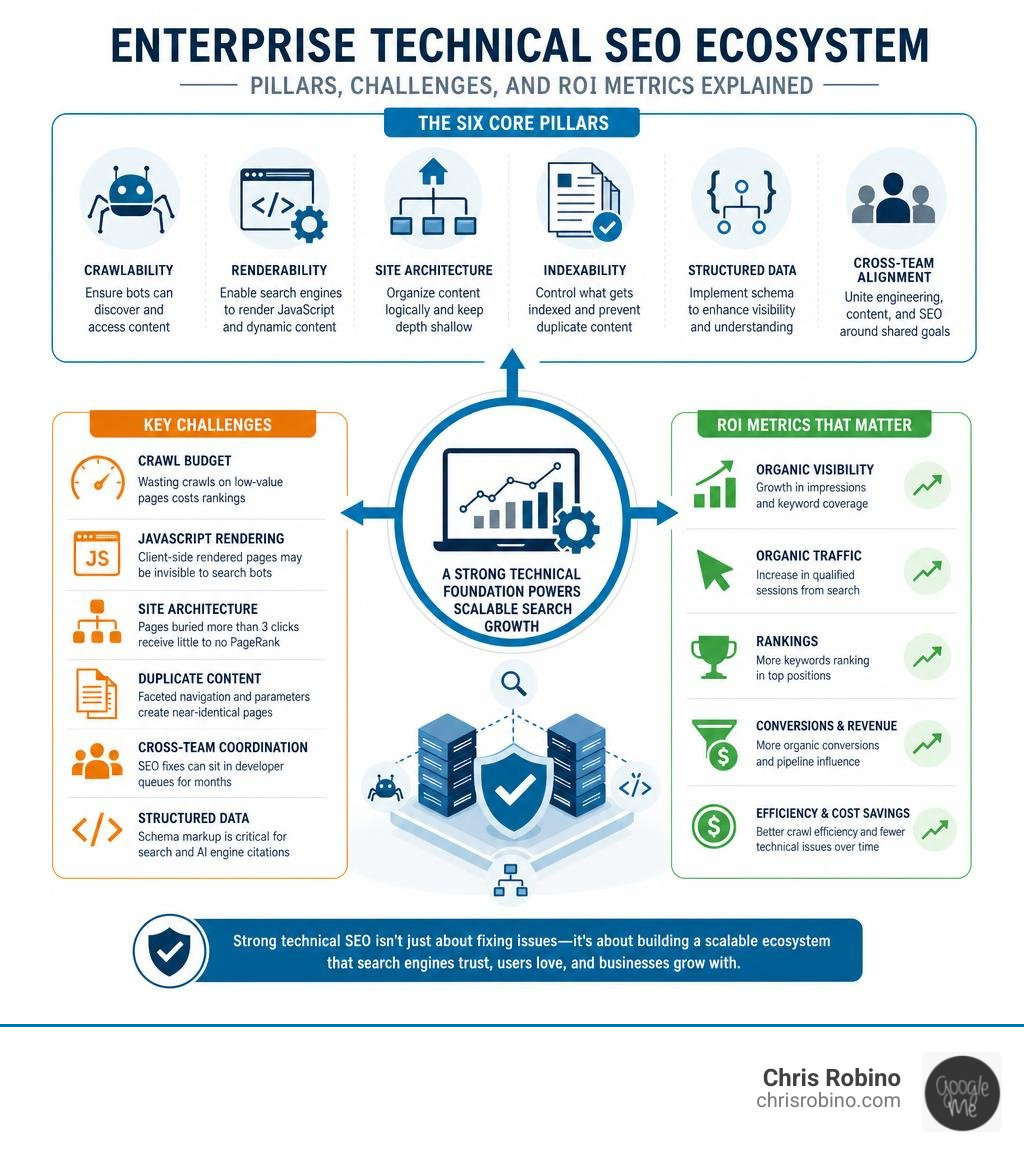 Enterprise technical SEO ecosystem: pillars, challenges, and ROI metrics explained infographic