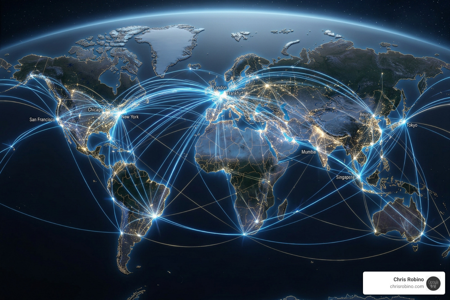 A digital network connecting global business hubs representing connected enterprise architecture