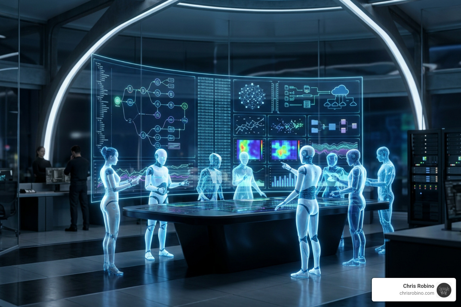 Autonomous AI agents collaborating on a virtual dashboard to orchestrate enterprise workflows