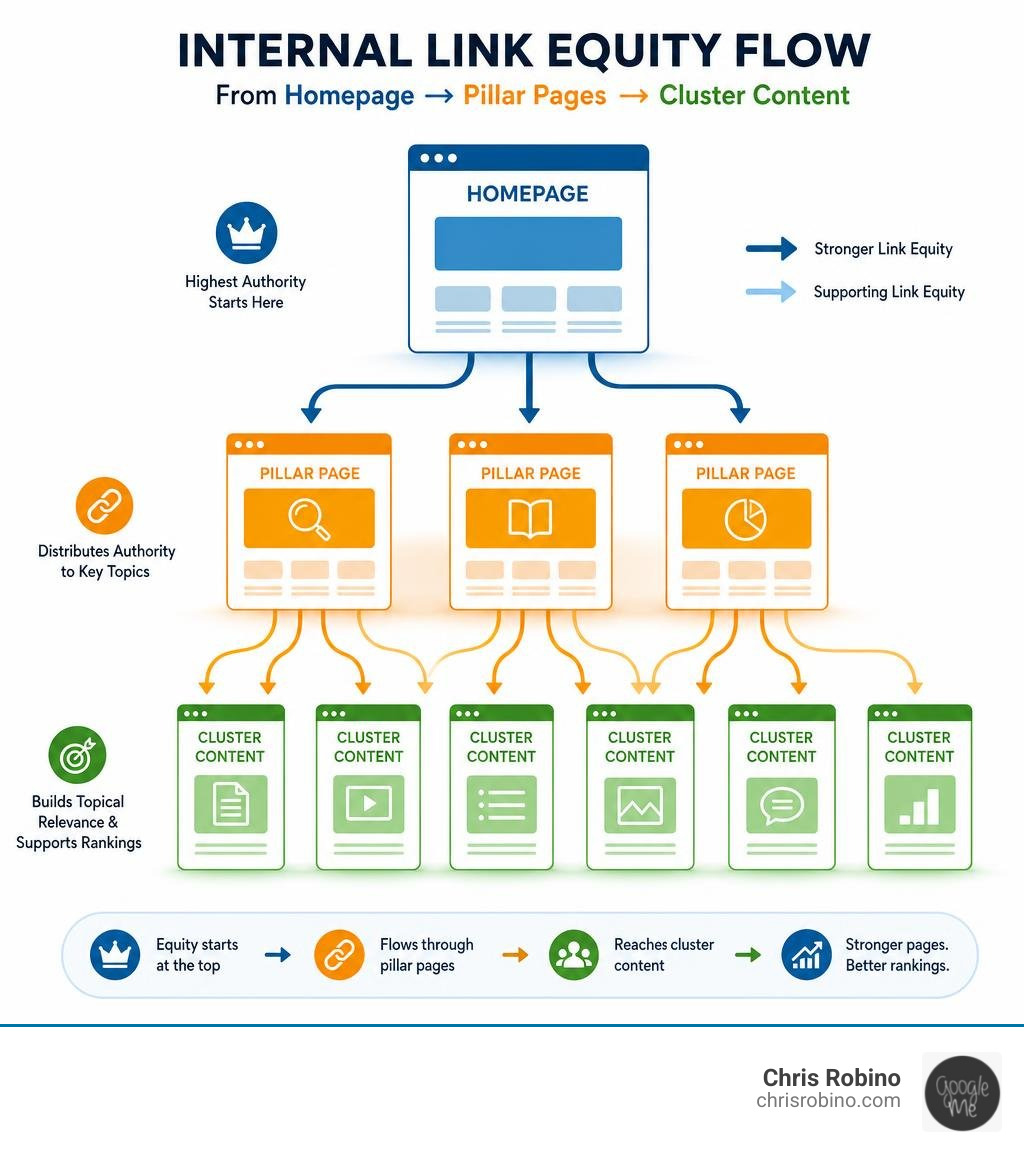 Internal link equity flow from homepage through pillar pages to cluster content infographic