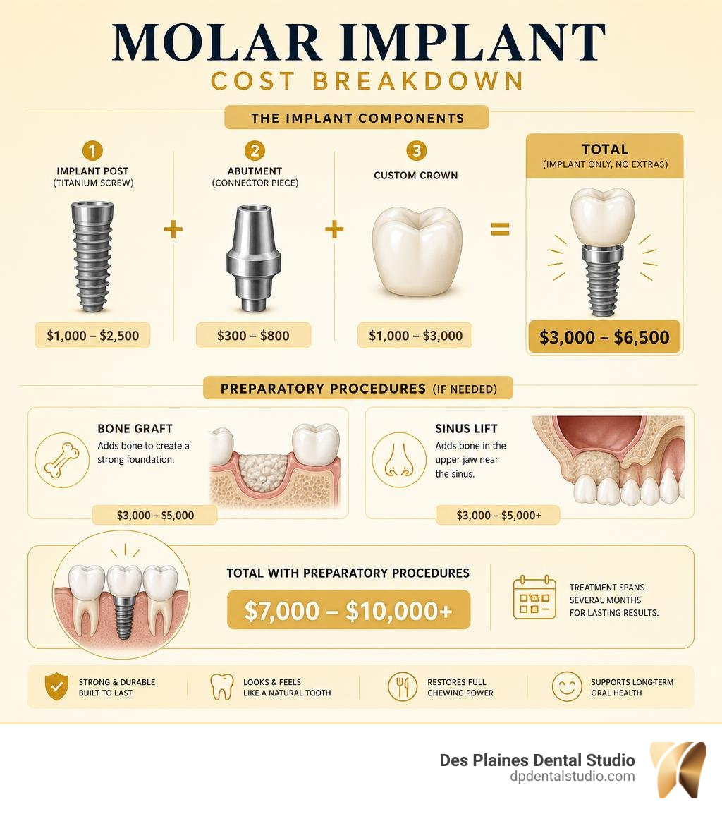 molar implant cost breakdown infographic showing components, price ranges, and preparatory procedures infographic