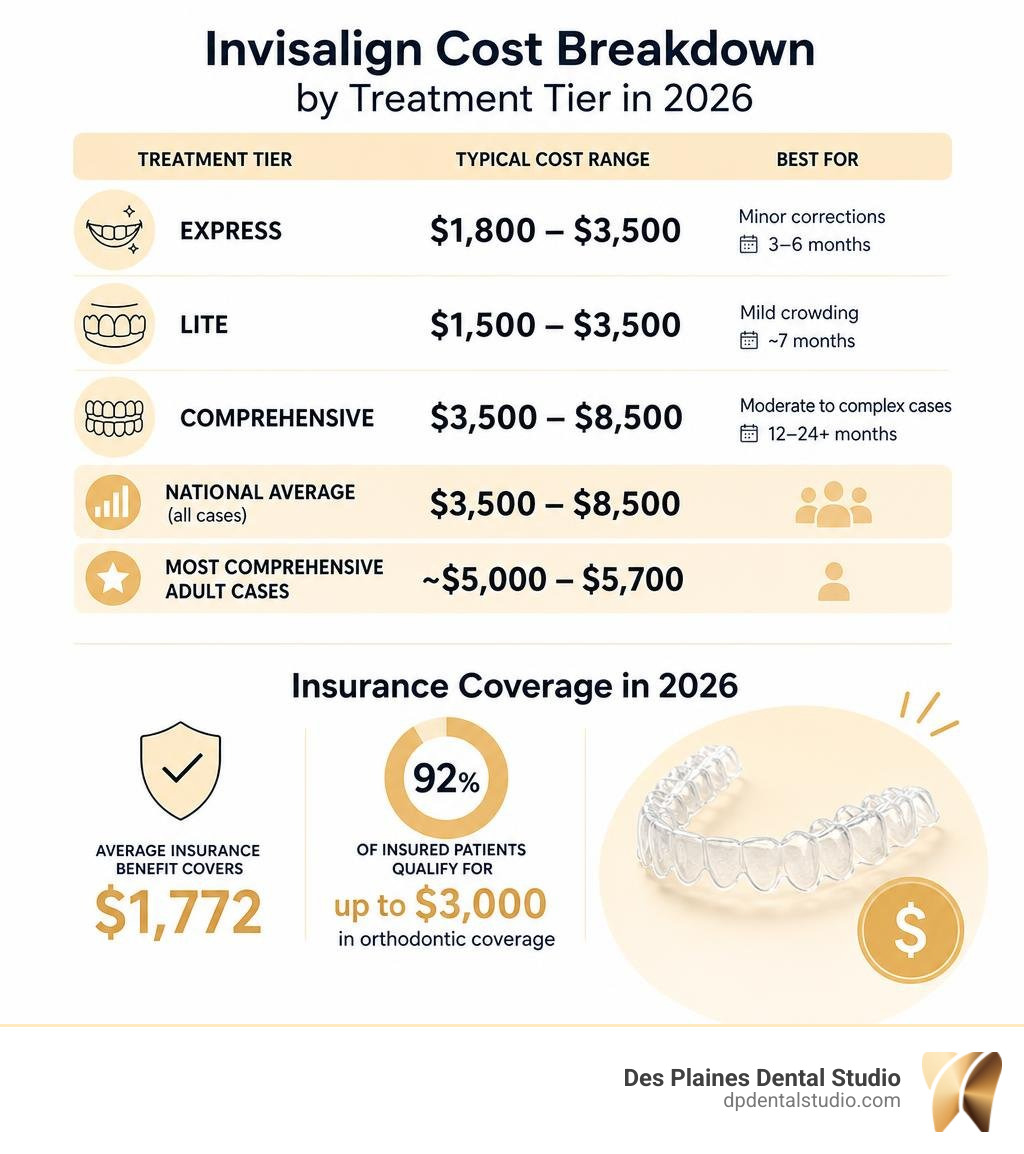 Invisalign cost breakdown by treatment tier and insurance coverage in 2026 infographic Invisalign cost breakdown by treatment tier and insurance coverage in 2026 infographic