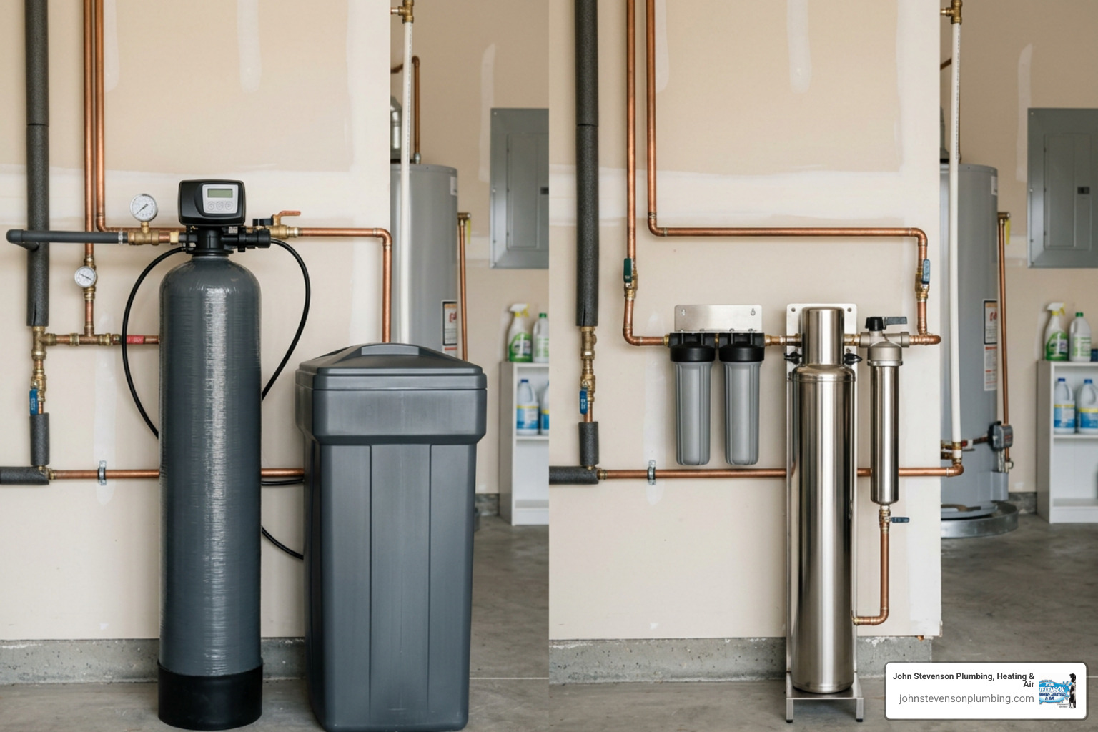 salt-based water softener brine tank and salt-free system side-by-side